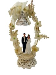 Vintage 1940s 1950s Wedding Cake Topper Bride Groom Bell Fabric Flower Arch
