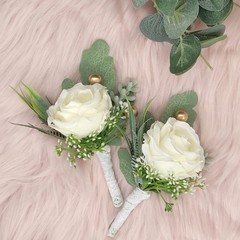 2pcs Boutonniere for Men Wedding, Groom Groomsman Artificial White Rose Flowe…