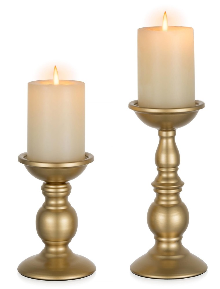 2 Pcs Gold Pillar Candle Holders, Candlestick Most Ideal for S + L,
