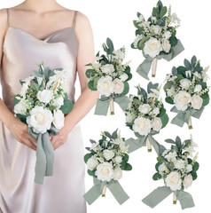 Set of 6 White Bridesmaid Bouquet, Sage Green Bridal Bouquets for Bridesmaids,Sm