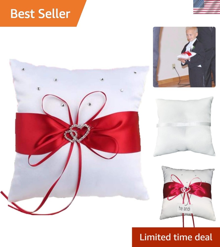 7.8″ Satin Double Hearts Decoration Wedding Ring Bearer Pillow Red