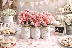 Set of 3 chalk painted distressed mason jar vases w/faux flowers included
