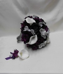 Silk Flower Wedding Bridal Bouquet Purple Plum Eggplant Silver Calla Lily 18 pcs