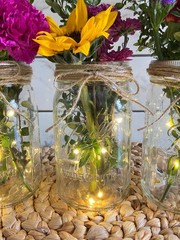 Lighted Mason Jar Vase with Fairy Lights, Rustic Floral Centerpiece
