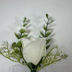 Corsage and Boutonniere Set Cream Ivory Roses Baby’s Breath Greenery Handmade