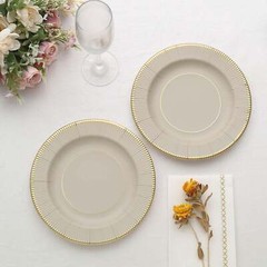 25 TAUPE 8″ Metallic Round Paper Salad DINNER PLATES Textured Rim Party Supplies
