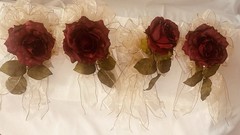 16 pc Artificial Rose Pomander/Wedding Décor / Ribbon, Burgundy/Gold w/Pew Clips