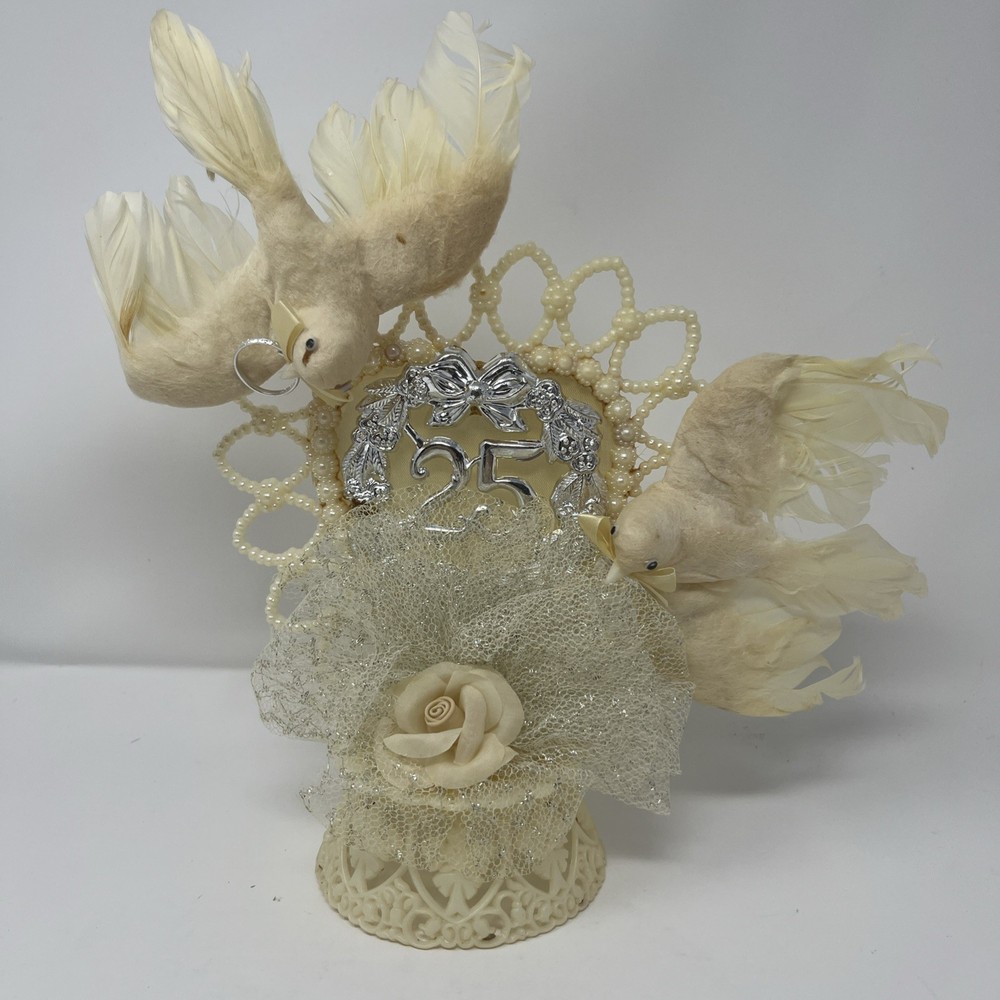 Vintage 25th Wedding Topper 1950’s USA Featuring Two Doves Yellowed But Gorgeous