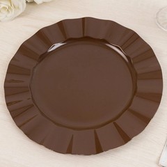 10 BROWN 11″ Round PLASTIC Salad Dinner PLATES Gold Wavy Rim Wedding Party