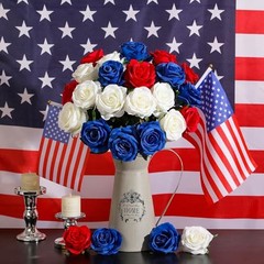 12PCS Artificial Silk Flowers Realistic Roses 12Pcs Flowers Red, White, Blue
