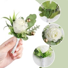 2pcs Boutonniere for Men Wedding, Groom Groomsman Artificial White Rose Flowe…