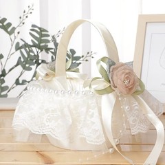 2 PCS White Polyester Wedding Flower Girl Baskets Cute Handle Decoration
