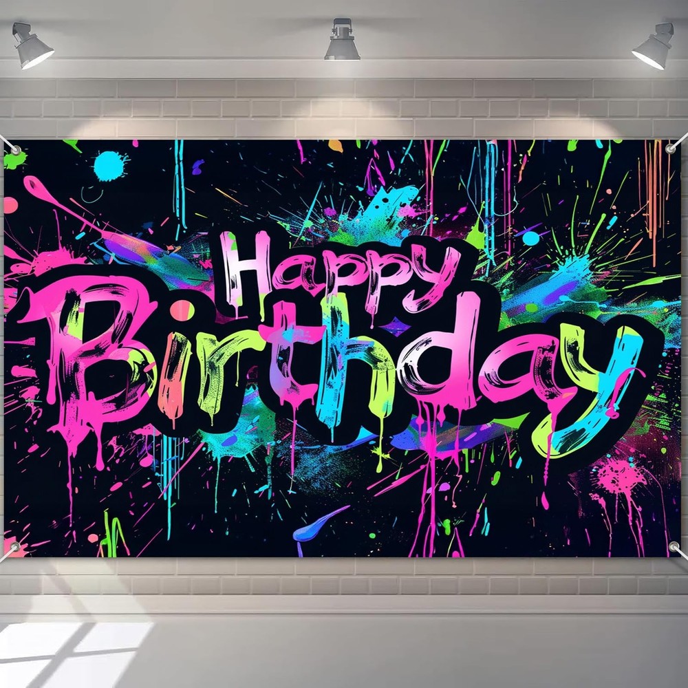 Neon Happy Birthday Banner 96×72 Inch Photography Backdrops Party Background …
