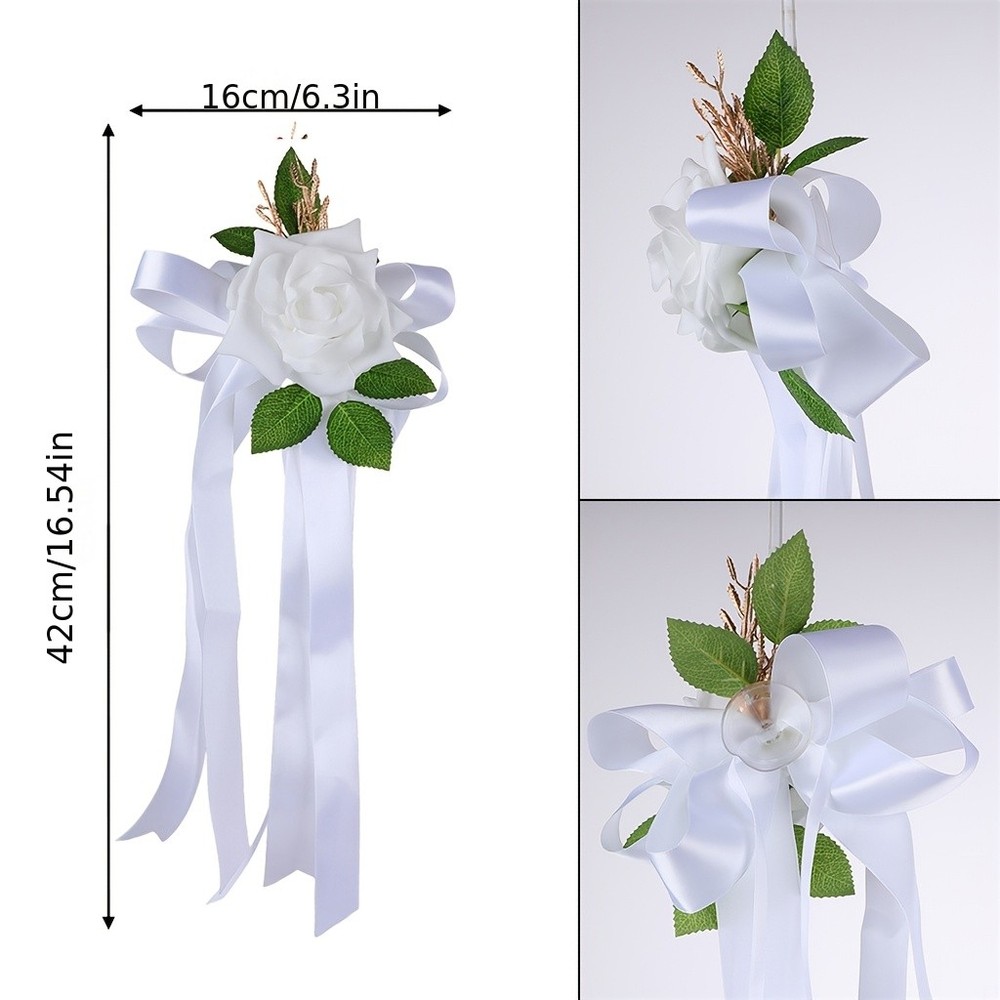 2pcs Wedding Car Decoration Set Bows Bouquet Set DIY Simulation Flowers Wedding◐