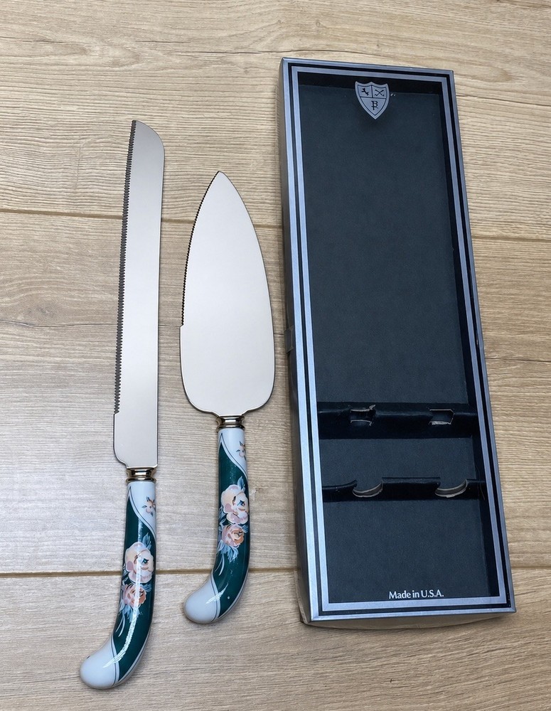 Sheffield England Cake Knife Server Set Floral Porcelain Handles Box Vintage USA