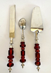 Wedding Cake Server Set & Ice Cream Scoop w/ Red Glass Bead Handles India VG