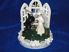 New Vintage Bridal Couple Golfers with Chapel Church Mirror Windows Caketopper