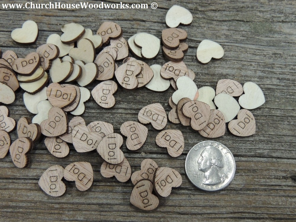 100 wooden I Do hearts rustic wedding, venue decor, confetti, invitations USA