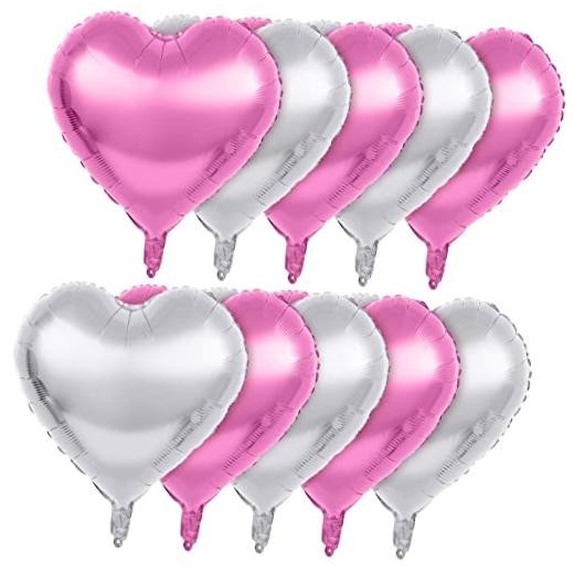 18 Inch, Pack of 10 Heart Shaped Balloons – Big Metallic Foil Pink & Silver