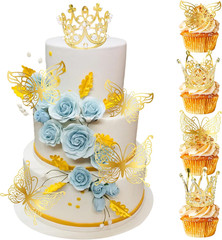 9 Pack Crown Cake Toppers Mini Tiara 3D Gold Butterfly Decoration Vintage Pearl