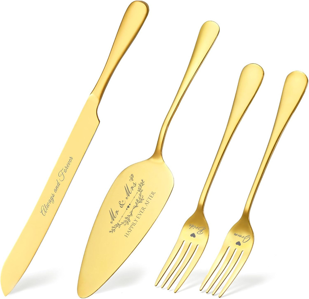 Wedding Cake Knife and Server Set, Gold Cake Cutting Set for Wedding, 4 Pieces S