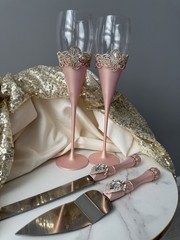 Rose Gold Wedding Champagne Toasting Flutes Cake Cutting Set Cake Knife Server