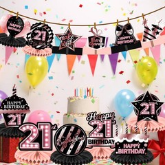 Happy 21st Birthday Rose Gold and Black Table Honeycomb Centerpieces Balloons…
