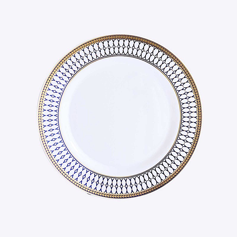 10 White 9″ Round Plastic Salad Dinner Plates Navy Blue Gold Chord Rim Party