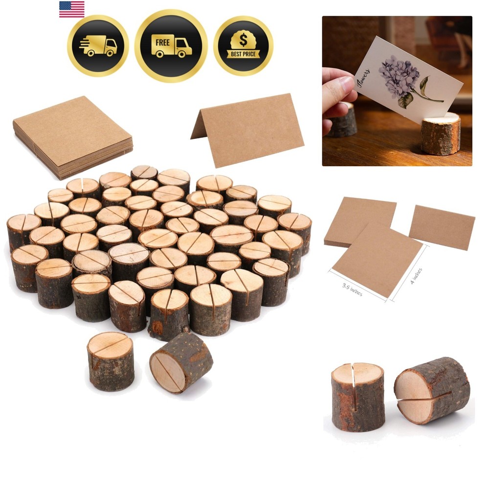 50 Pieces Wooden Place Card Holders with 50 Kraft Paper Cards, Rustic Wood Ta…
