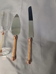 Mr Mrs Wedding Champagne Flutes Cake Knife Server Set Rose Gold Glitter