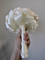 Handmade Satin Rose Ribbon Wedding Bouquet Artificial Bridal Pearls Beads Ivory