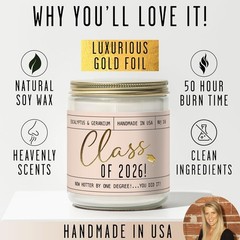Graduation Gift for Her Class of 2026″ Soy Candle, w/Eucalypus 9 Ounce, Amber