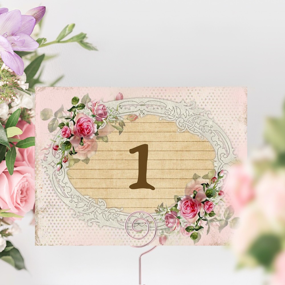 Pink Wedding Table Cards Vintage Style Frame – Shabby Chic, Numbers Names Custom