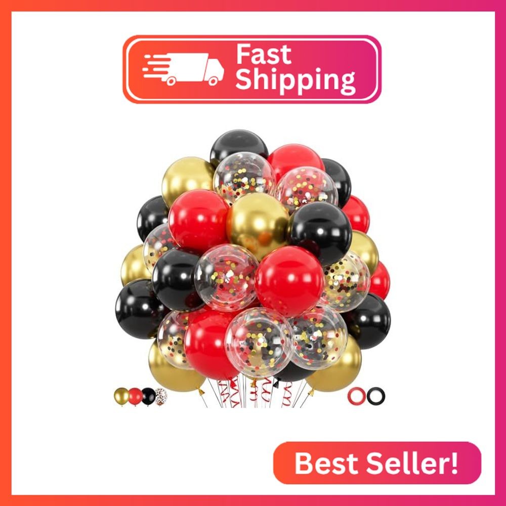 100pcs Black Gold Red Balloons, 12inch Red Black and Metallic Gold Confetti Ball