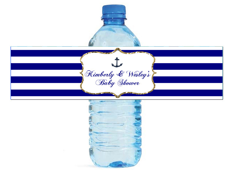 Navy Blue, White & Gold Frame with Nautical Anchor water bottle labels Wedding