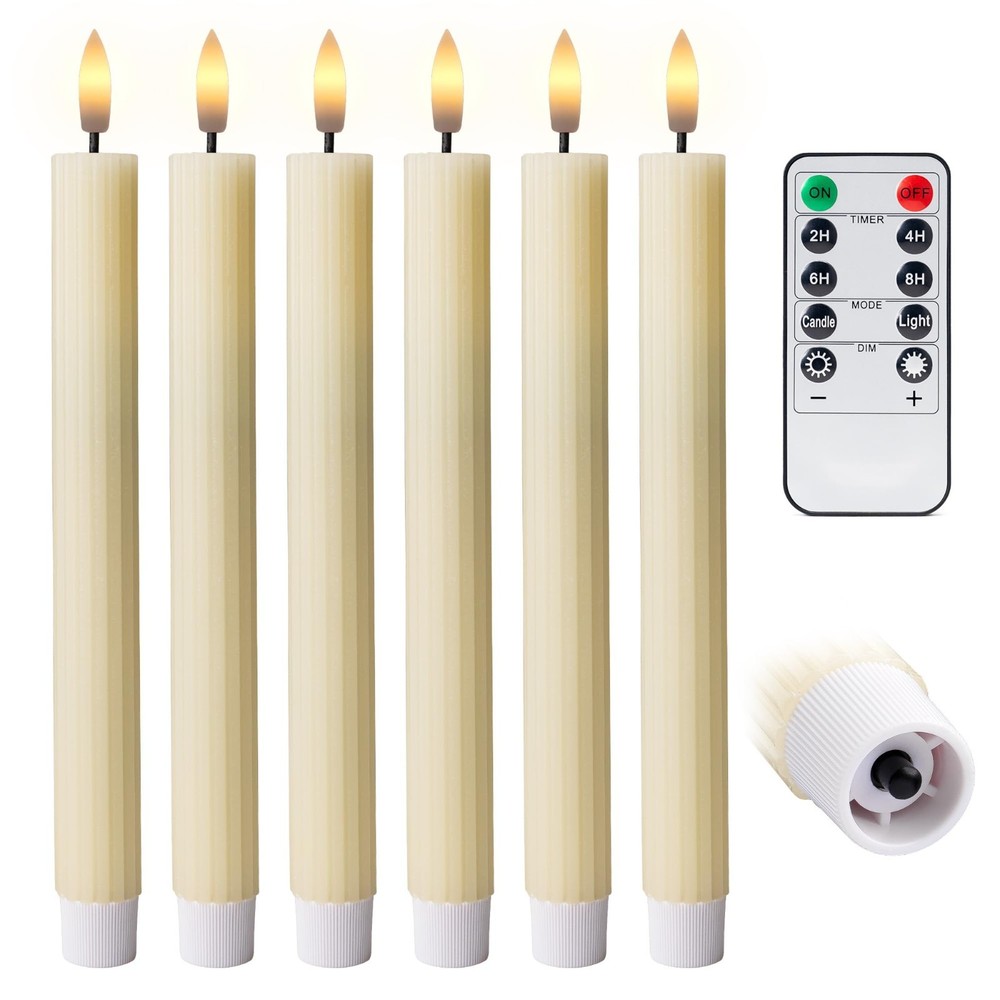 Open Box 6PK 10″ Ribbed LED Candles with Remote Timer Assorted Colors Wedding