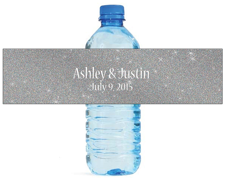 100 Modern Silver Glitter Wedding Birthday Party Water Bottle Labels 8″x2″