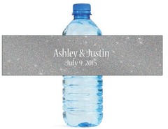 100 Modern Silver Glitter Wedding Birthday Party Water Bottle Labels 8″x2″