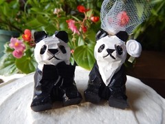 Panda bears Cake Topper Bride Groom Love Wedding Engagement Wood Statue