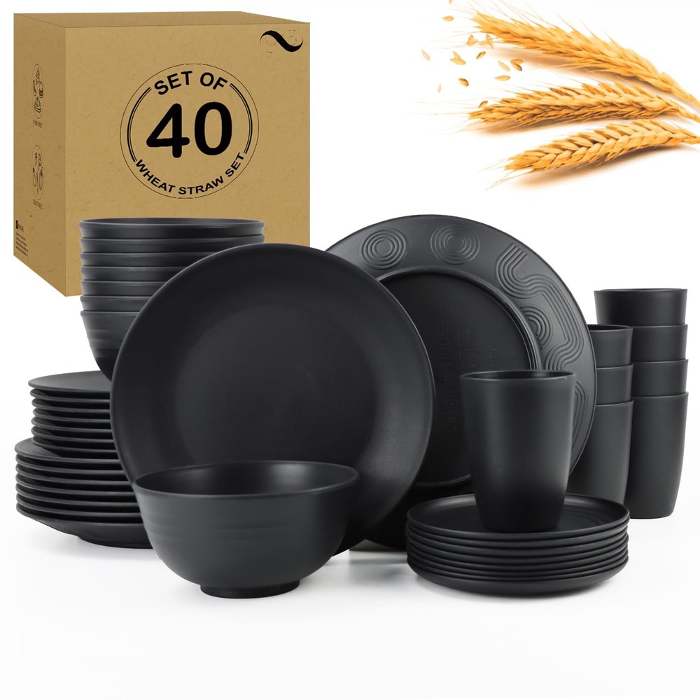 Wheat Straw Dishes Set 40 PCS,Service for 8,Unbreakable and Ruseable Plastic Din