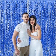 2 Pack Navy Blue Wavy Foil Fringe Curtains, 3.3×6.6 Ft Metallic Tinsel Wavy B…