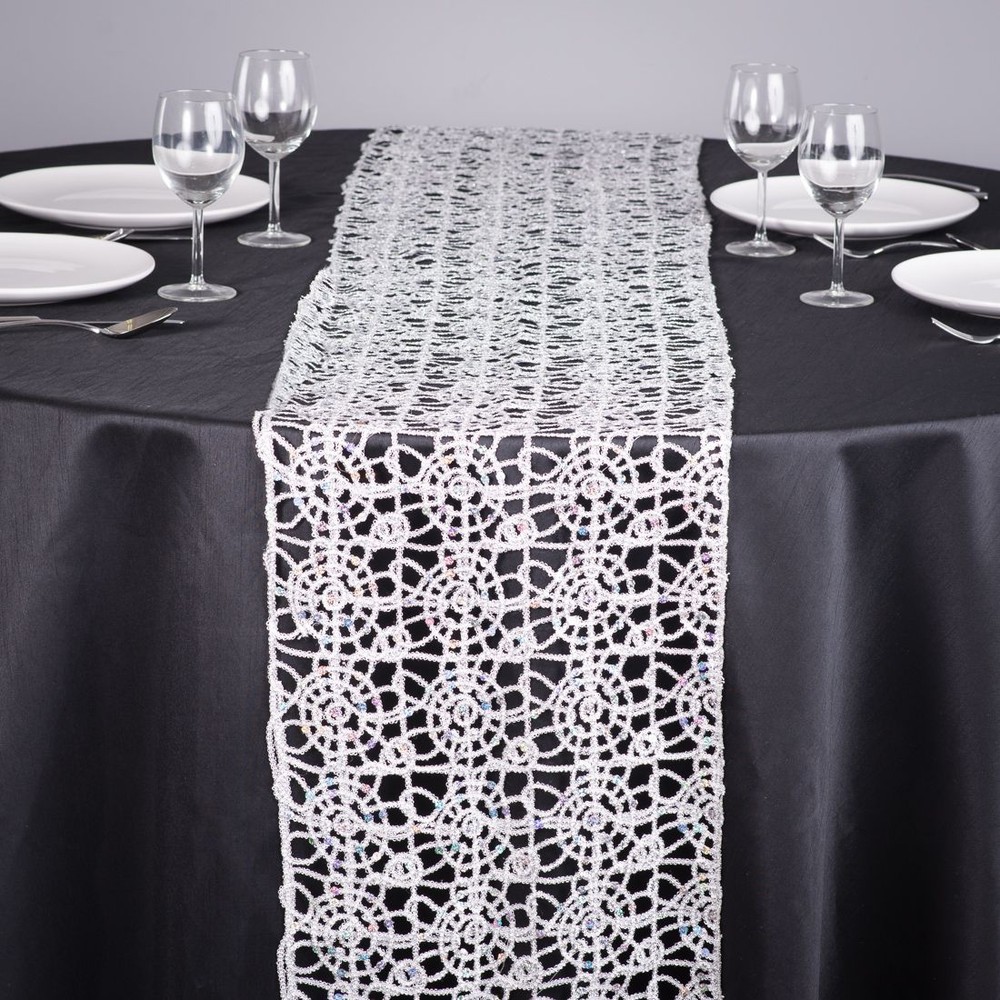 Silver Chemical Lace Sequin Table Runner 14″ x 108″ Made in USA Wedding Party
