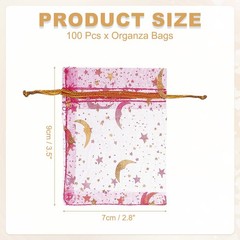 Organza Bags, 100 Pcs 2.8 x 3.5 Inch Moon Star Mesh Candy Pouch, Rose Red Gold