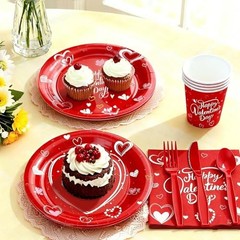 112PCS Valentine’s Day Heart Party Plates Supplies Love Heart Party Red