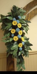 set of two sola wooden arch wedding flowers. sunflowers, blue and black roses .