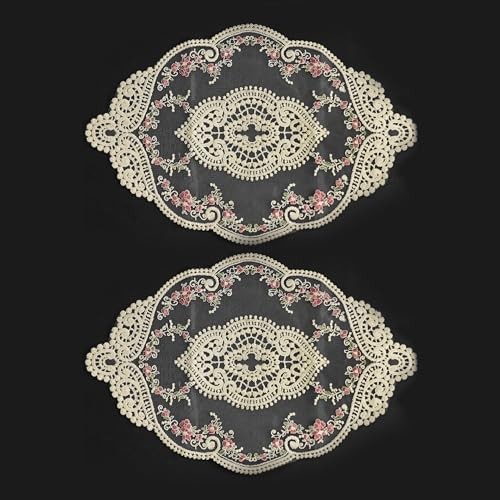 2Pcs Oval Embroidered Retro Lace Placemats for Home 14.6 X 9.8 Inch Beige