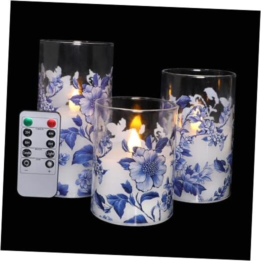 Flameless Candles Glass with Remote Control & Timer Blue and White Porcelain