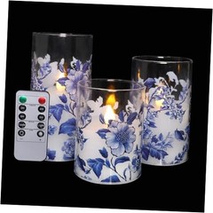 Flameless Candles Glass with Remote Control & Timer Blue and White Porcelain
