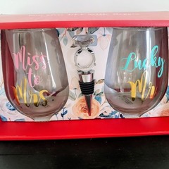 EAI Miss To Mrs & Lucky Mr Wine Glass Gift Set & Bottle Stopper Hand Wash Only
