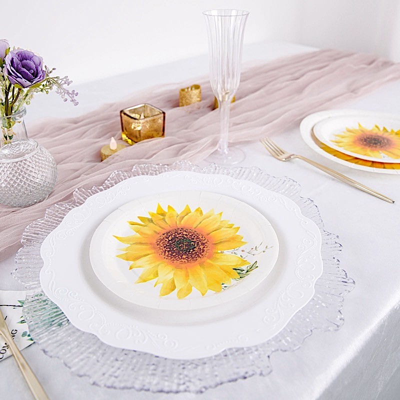 25 White 7″ Round Paper Plates with Sunflower Design – Disposable Tableware